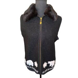 Vintage Lisa International Black Boiled Wool Vest Collar Polar Bear Embroidery M